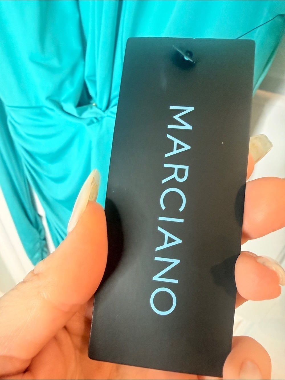 Marciano Turquoise Draped Asymmetric Dress Medium - Picture 3 of 6